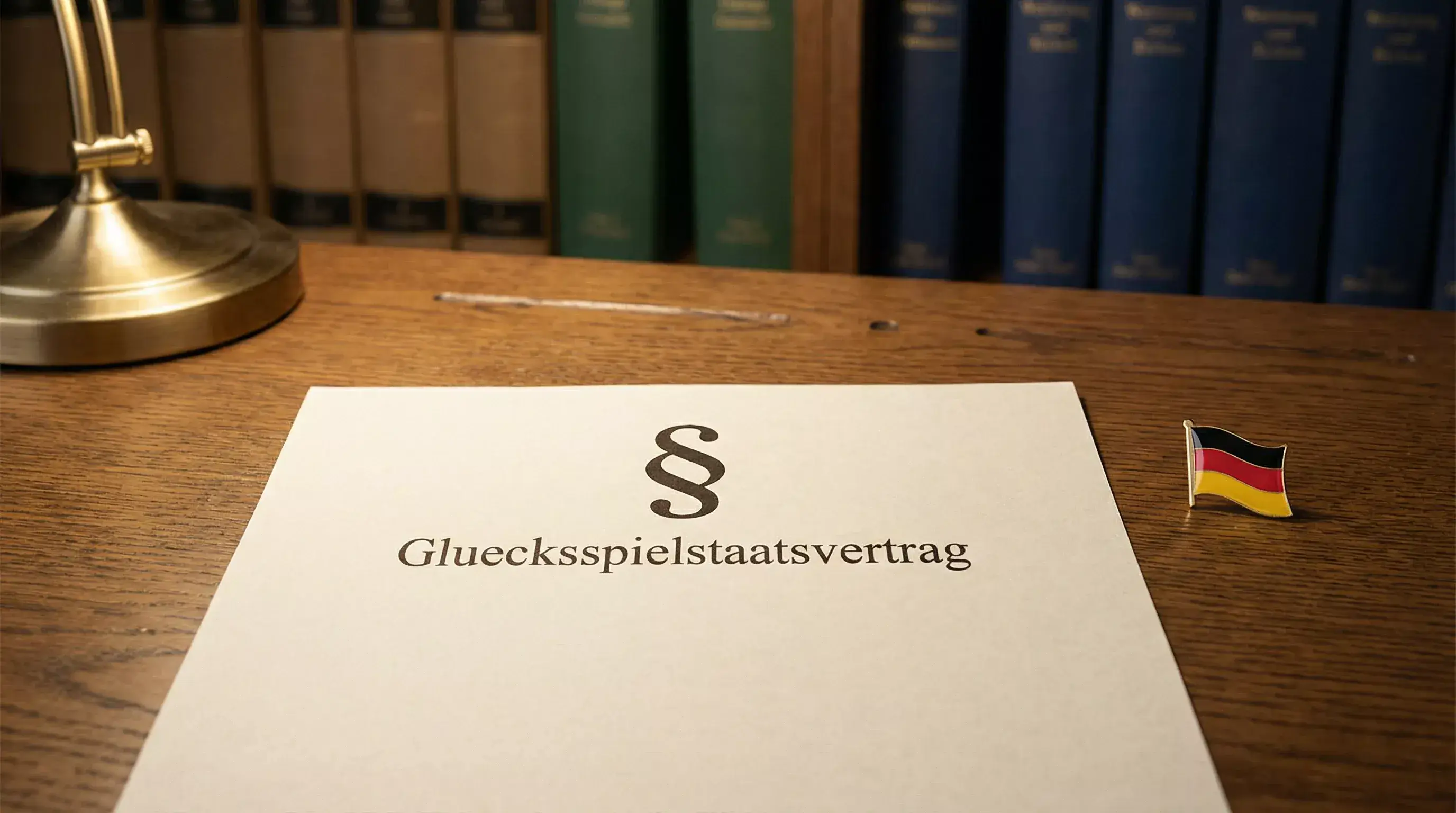 Dokument zum Gluecksspielstaatsvertrag mit Paragraph-Symbol und deutscher Flagge