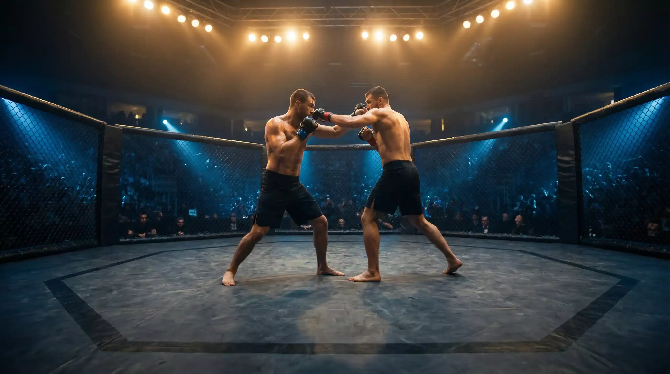 MMA-Kampf im Octagon unter Scheinwerferlicht bei einer UFC-Veranstaltung