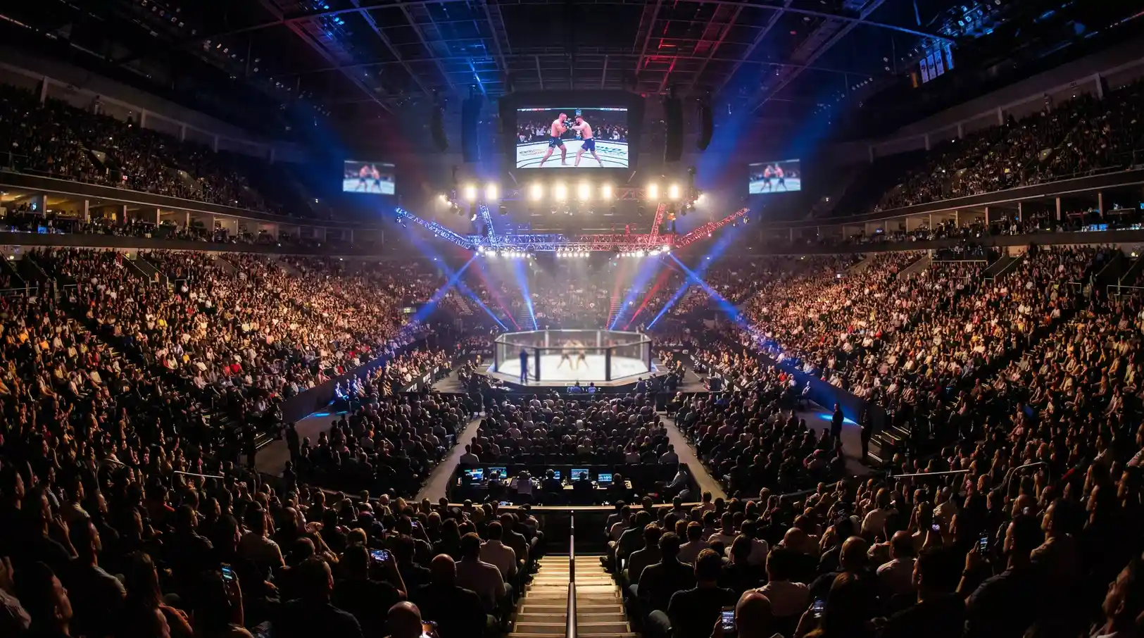 UFC-Arena mit Publikum waehrend eines Live-Events und leuchtenden Bildschirmen